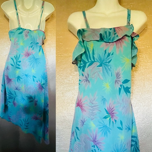 PRIVATE LUXURIES Asymmetric Tropical Floral Print Dress Medium As-Is - Picture 3 of 10
